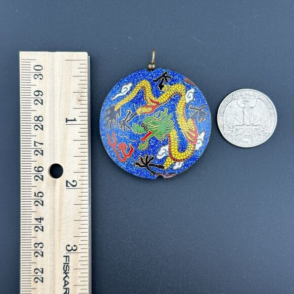 Vintage Round Puffy Double Sided Chinese Dragon Cloisonne Pendant 1.75" Blue - Picture 5 of 13